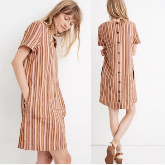 Madewell Linen Button-Back Easy Mini V-neck Short Sleeve Dress Rainbow Stripe S - Picture 11 of 11